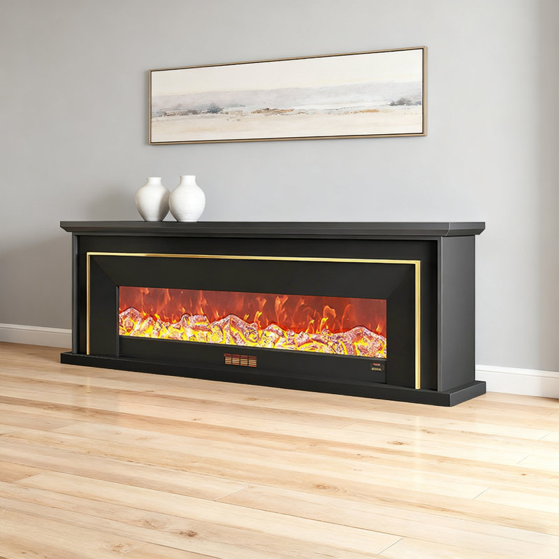 Meuble télé avec foyer en bois massif de style américain American, L 86,61 po, Noir