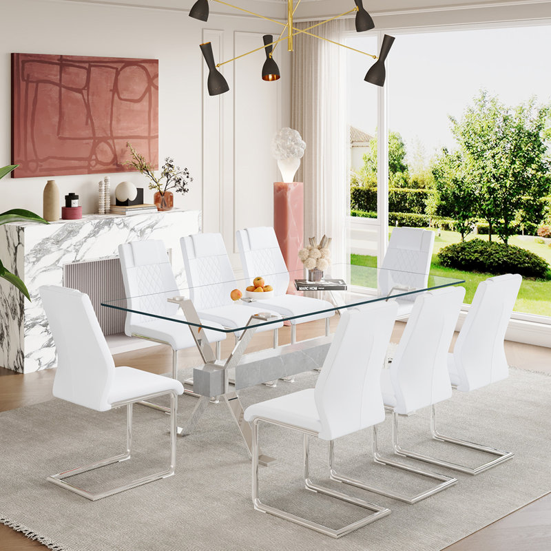 7-Piece Glass Top Dining Table Sets, Silver, White/Silver