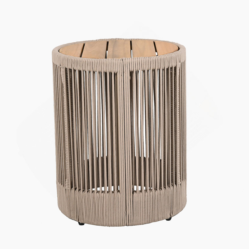Outdoor Rattan Rope & Acacia Wood Side Table - Patio Balcony Furniture For Garden, Yard, Balcony - Weather Resistant(Rope Beige, Natural Iron)