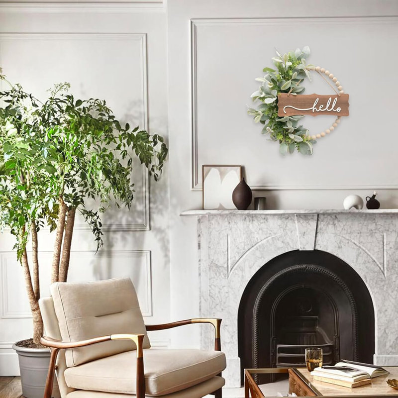 Couronne de porte verte avec perles en bois et feuilles d’oreille d’agneau artificiel, décor de bienvenue Hello