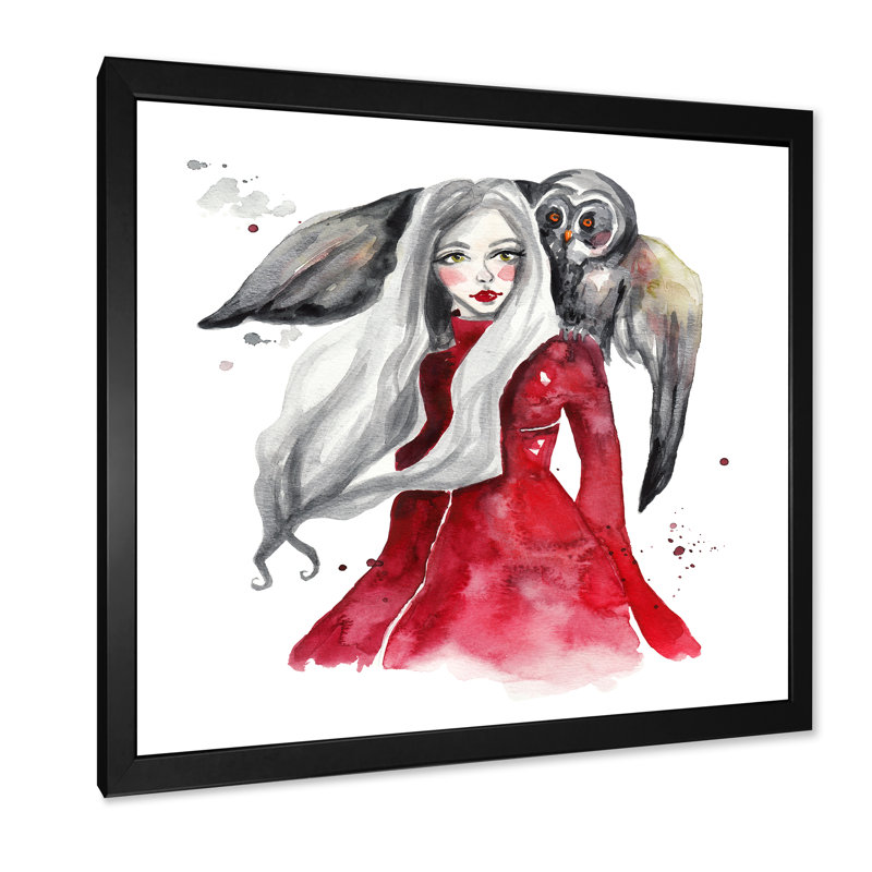 «Grunge Girl with Owl» - décoration murale glam sur toile, Cadre photo noir, L 16 po x H 16 po x P 1 po