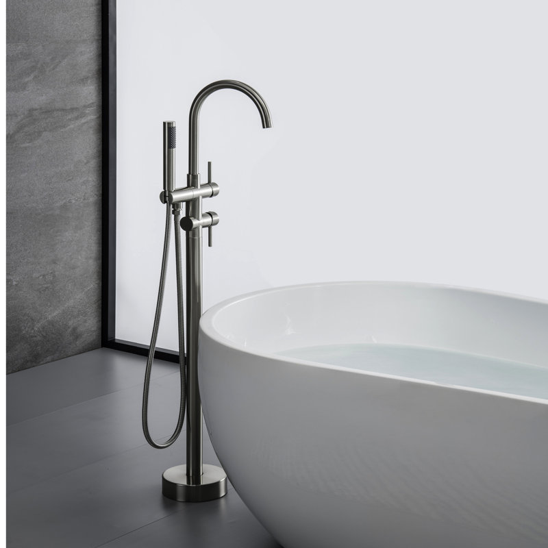 Robinet de baignoire - Laiton massif, finition nickel brossé, bec pivotant à 360 degrés, quincaillerie de fixation autoportante à 2 GPM (douche à main), conception