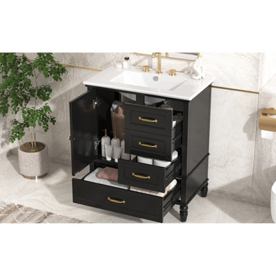 Meuble-lavabo 30 po, comptoir en céramique, plateau, trois tiroirs, porte simple, assemblage facile, autoportant, noir