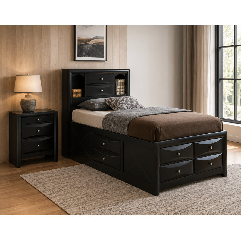 Ensemble de chambre à coucher avec lit simple et bibliothèque 2 pièces Lovisa, Twin, Black