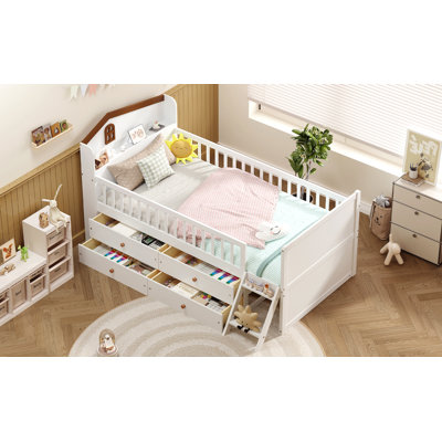 Twin Bed Frame With Storage 4 Drawers,Wooden Bed Frame For Kids,Platform Twin Size Bed With Guardrail Headboard And Ladder