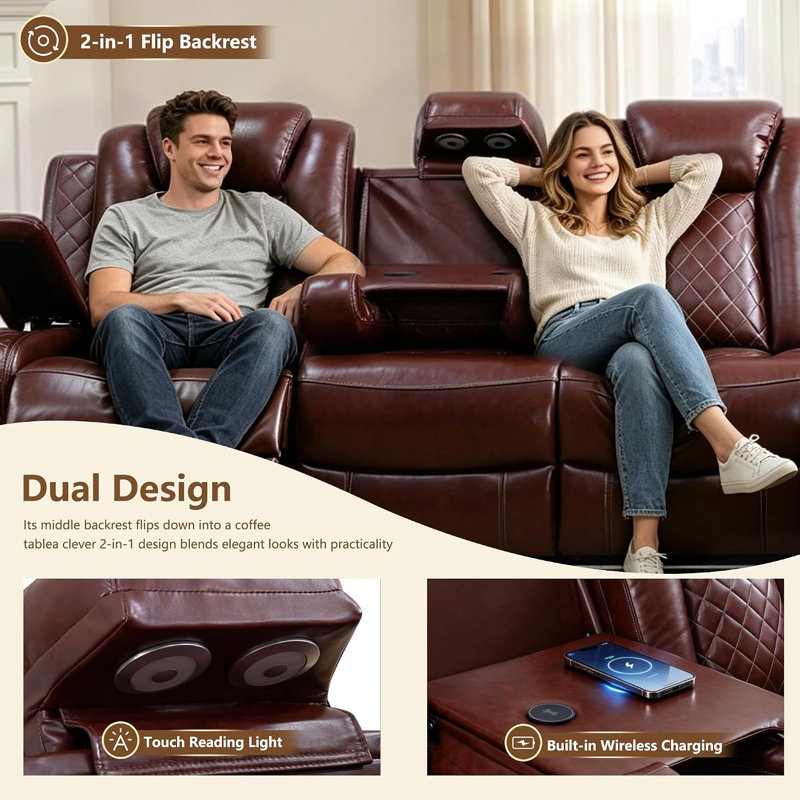 Canapé modulaire inclinable électrique 3 pièces avec éclairage DEL et ports USB, Red Brown Faux Leather