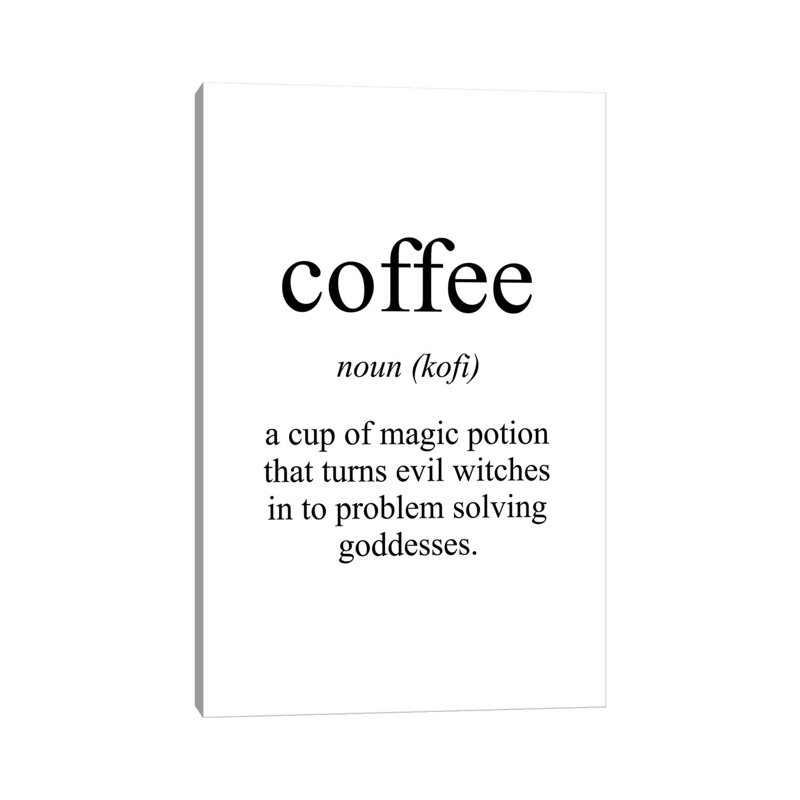 «Coffee Sens» par Pixy, art textuel sur toile tendue, H 40 po x l 26 po x P 1,5 po