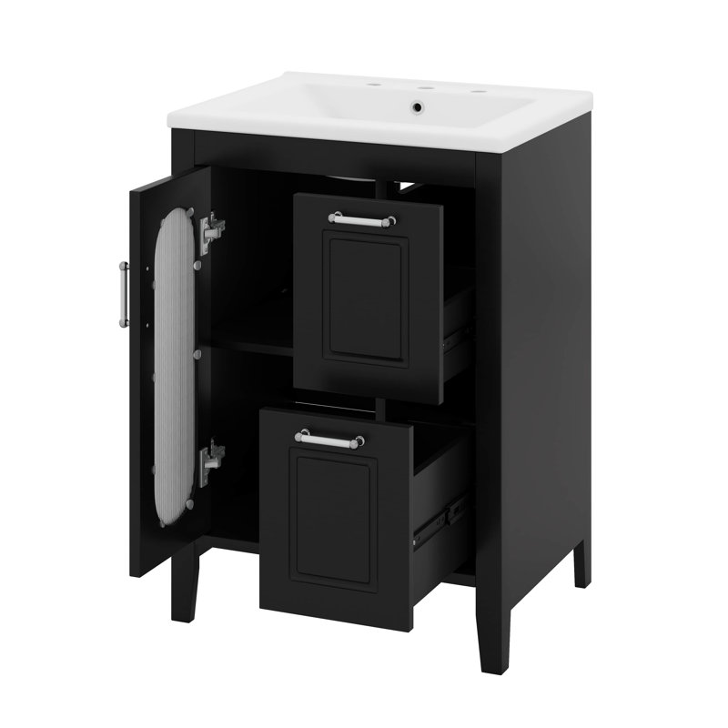 Meuble-lavabo 24 po avec lavabo, deux tiroirs et porte, tablette réglable, Noir