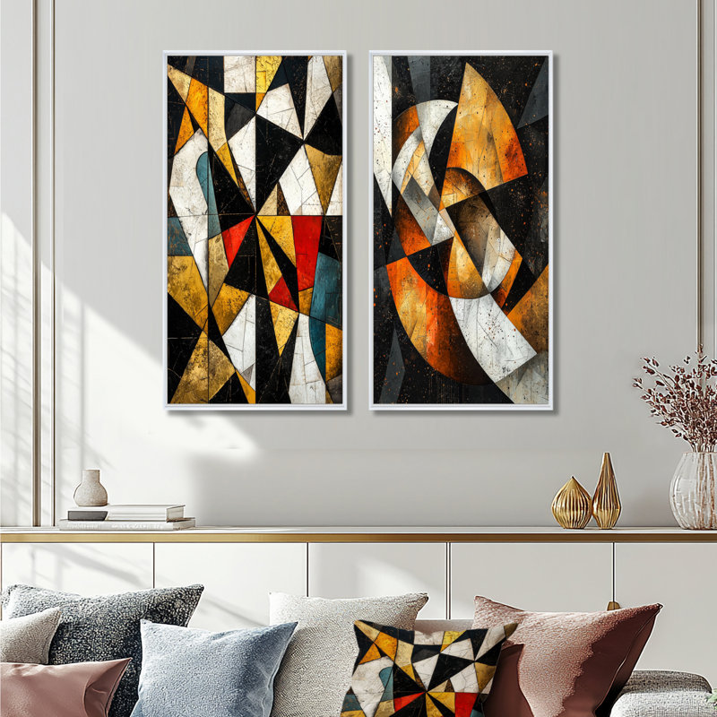 Ensemble de 2 pièces d'art abstrait noir et jaune III, H 40 po x l 40 po, Cadre flottant blanc