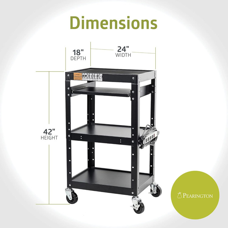 Black Rolling Utility Cart - Adjustable Height Av Stand With Power Strip For Schools & Offices