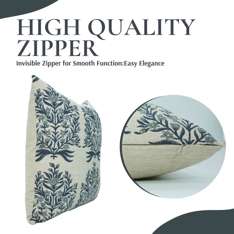 Fabdivine Floral Block Print Decorative Pillow Cover, Handblock Printed Cushion Cover ,Blue, Vrindavan, Square, 24"H x 24"W