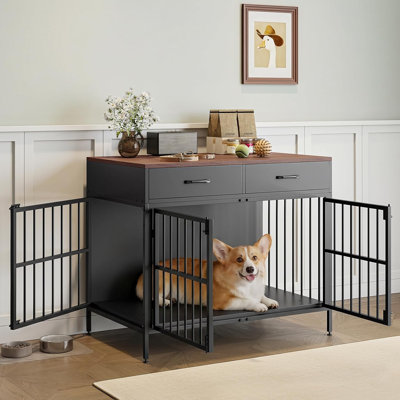 Niche pour chien robuste de 39,4 pouces avec rangement - Mobilier de cage d'intérieur pour chien, maisonnette en bois avec portes doubles et 2 tiroirs, idéale pour les chiens de taille moyenne / grande