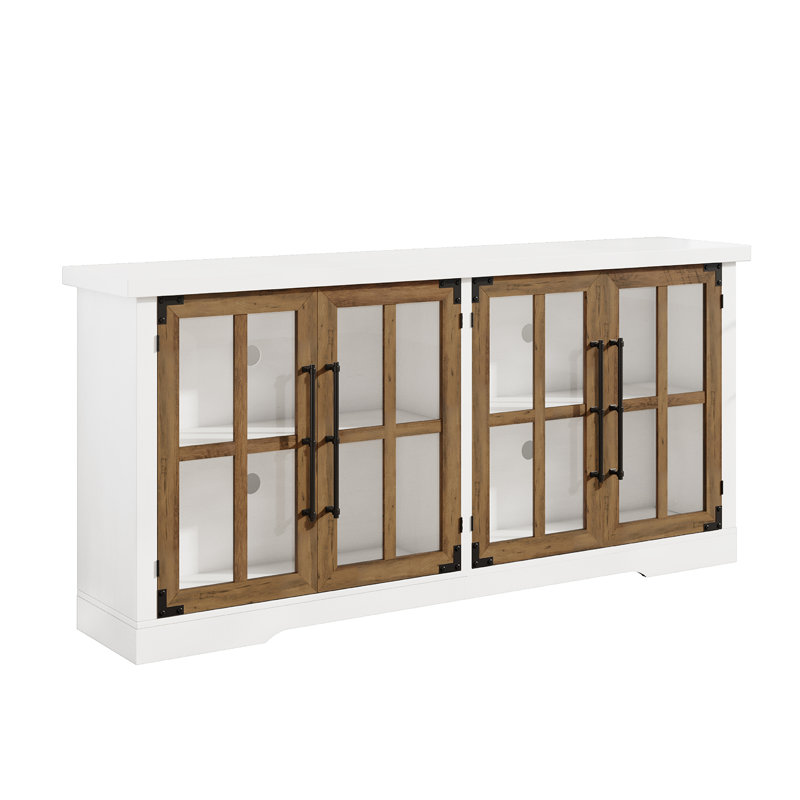 63" Farmhouse TV stand with Glass Doors, White/Barnwood
