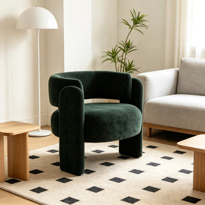 Chaise d'appoint moderne à dossier creux, fauteuil tonneau incurvé en tissu texturé, chaise longue simple rembourrée à pieds blocs, chaise d'appoint sculpturale unique pour le bureau de la chambre à coucher