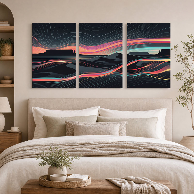 Ensemble de 3 toiles murales représentant des lignes de néon fluides sur un paysage de mesa désertique, 18"H x 12"W x 3pcs