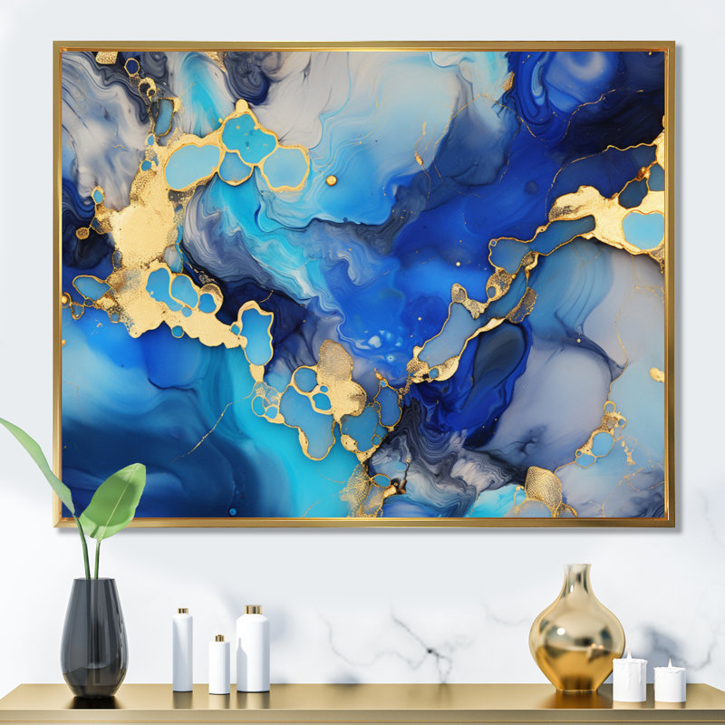 «Blue and Gold Luxury Abstract Fluid Art I», reproduction sur toile, Cadre flottant doré, H 34 po x l 44 po x P 1,5 po