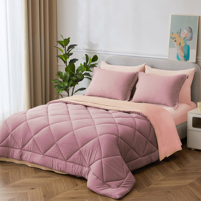 Ensemble d'édredon 7 pièces en microfibre délavée toutes saisons - ensemble de literie matelassée à coutures losangées, housse de couette en duvet synthétique réversible, édredon en microfibre moelleuse respirante