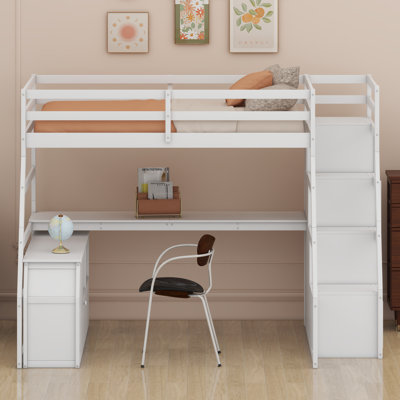 Lit mezzanine tout-en-un avec bureau, tiroirs de rangement et tablettes