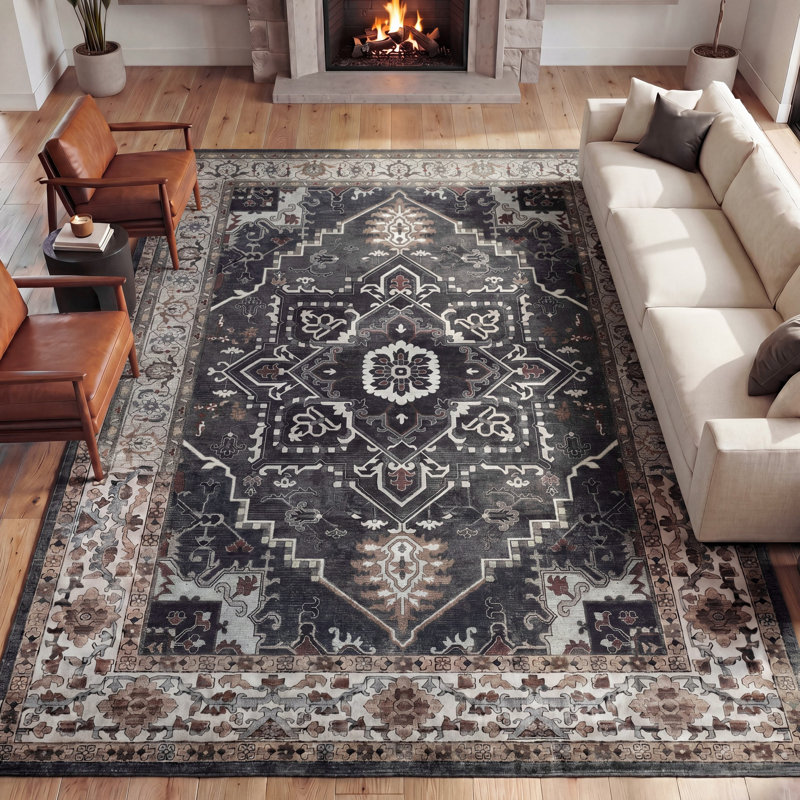 Tapis antidérapant Sersi Ornate, Gris anthracite / ivoire, Rectangle 9' x 12'
