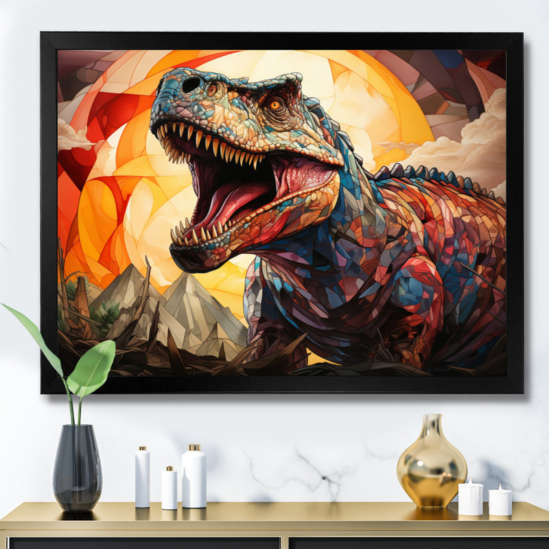 Dinosaure préhistorique héritage géométrique I - dinosaure, art mural encadré, H 24 po x l 32 po x P 1 po, Cadre simple noir