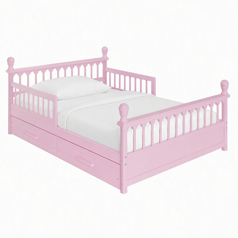 Cadre de lit avec 2 tiroirs de rangement intégrés, lit plateforme en bois avec barrières de sécurité, design bas, sommier à lattes robuste, aucun sommier tapissier nécessaire