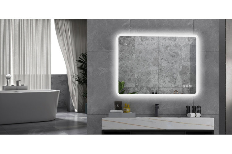vanity mirror with LED back-lights in a gray tiled bathroom