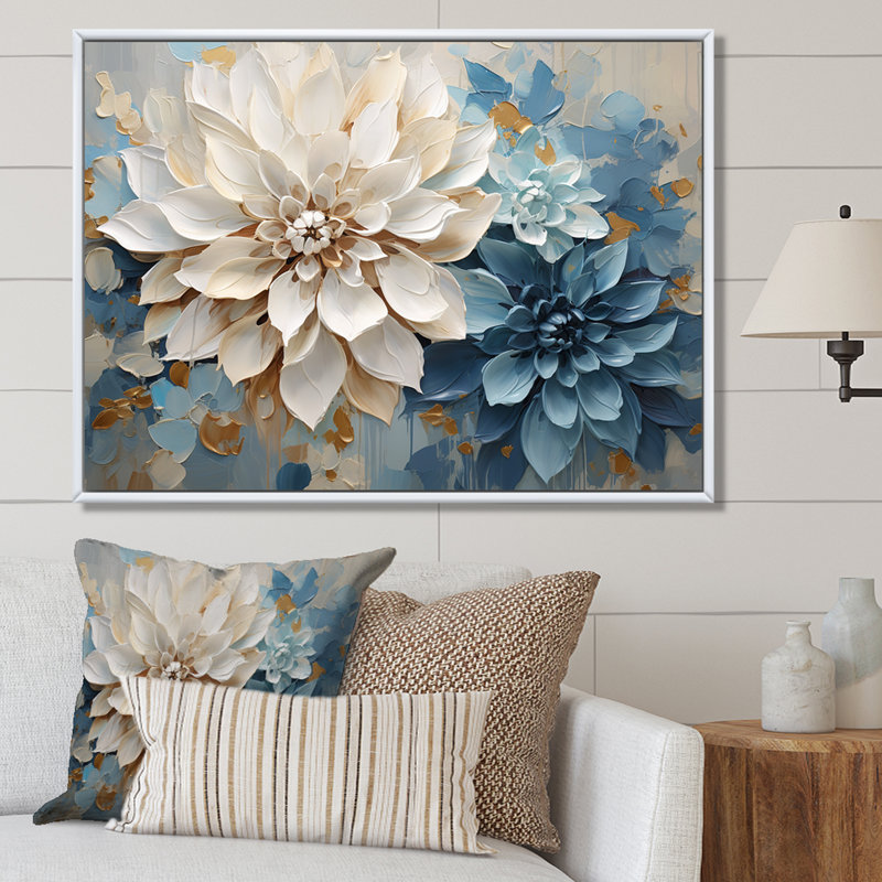 Dahlia blanc et bleu minimaliste, Cadre naturel flottant, H 16 po x l 32 po x P 1 po