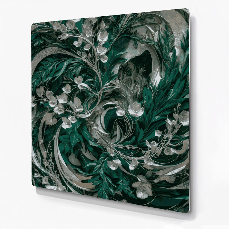 Art mural abstrait vert 67 fleurs en métal, H 16 po x l 16 po