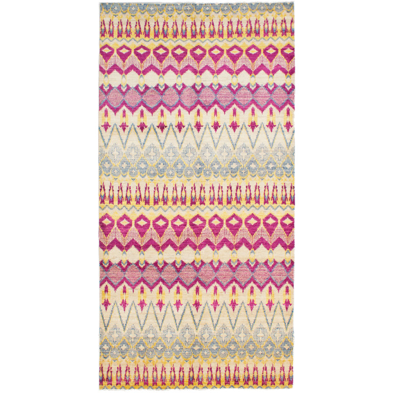 Tapis unique en laine noué à la main style Mogul des années 2010 beige / rose / gris 6 pi 2 po x 12 pi 6 po Kanette