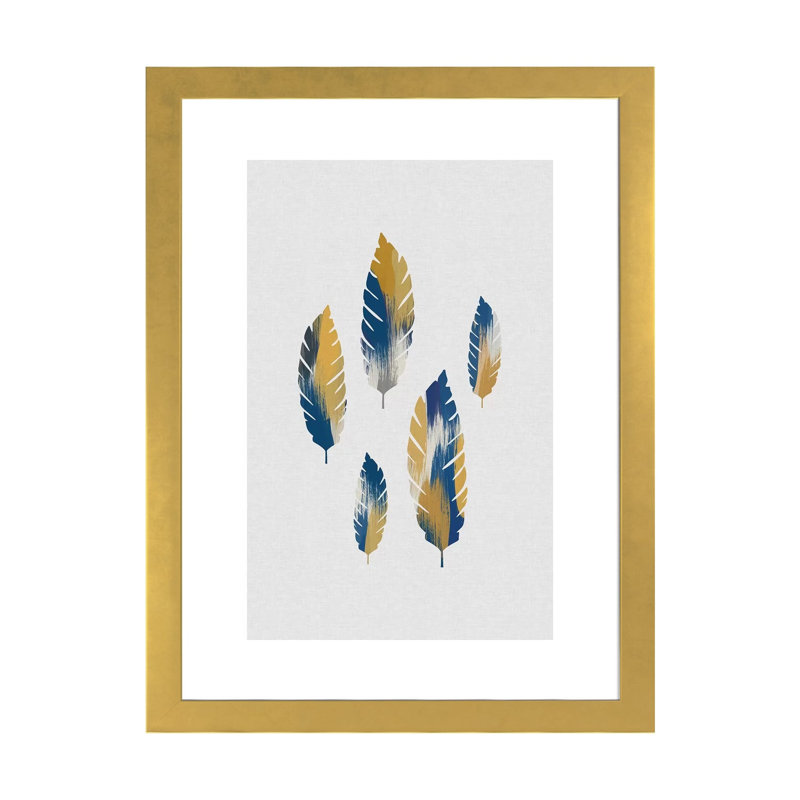 Feuilles bleues et jaunes - impression d'art graphique, H 24 po x l 16 po x P 1 po, Papier encadré doré
