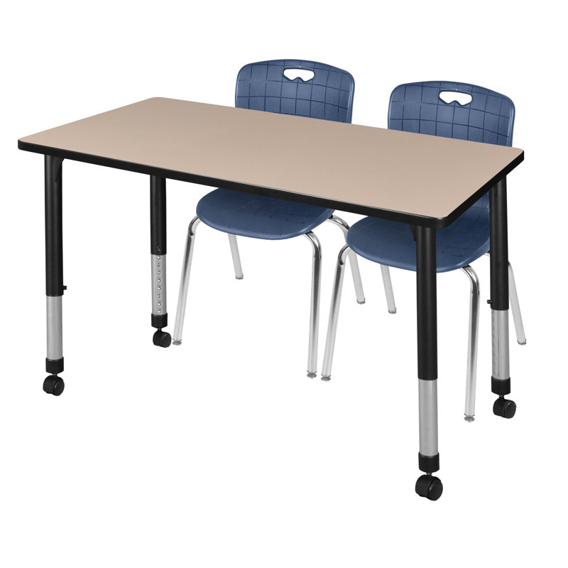 Regency Kee Mobile Adjustable Classroom Table & 2 Andy 18 in. Stack Chairs, 34" H x 48" L x 24" W, Cherry/Chrome/Navy Blue