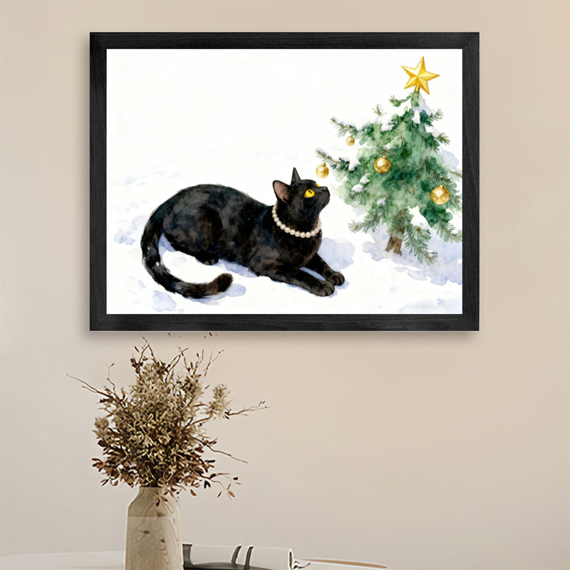 «Black Christmas Vintage encadré, art mural de chat de Noël», impressions de style rétro, H 13 po x l 17 po