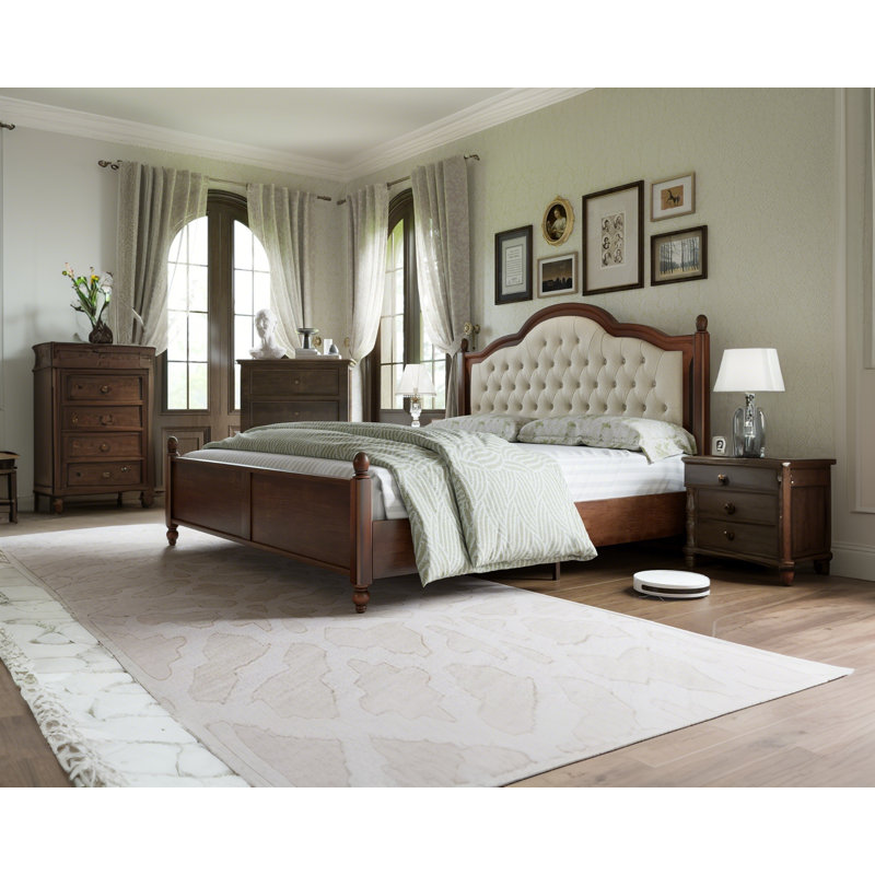 Walnut Queen Bed Frame with Upholstered Headboard and Wood Slat Support