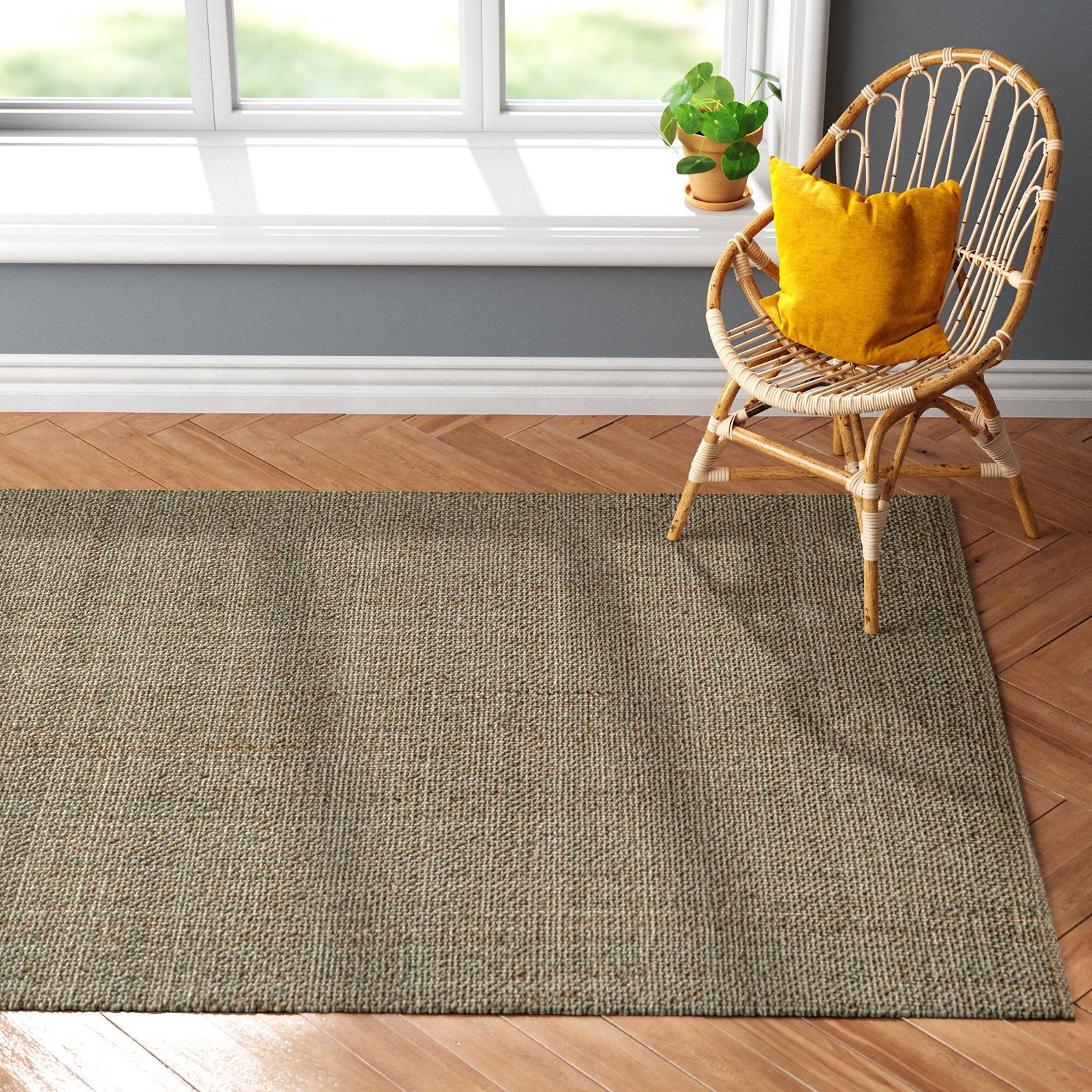 Fleurette Handmade Green Rug, Rectangle 5' x 8'