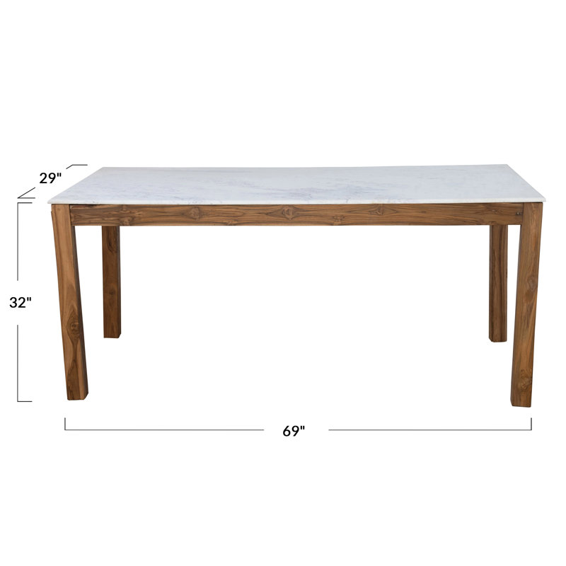 Table de ferme en bois Elliot avec plateau en marbre, naturel et blanc, Blanc / Brun