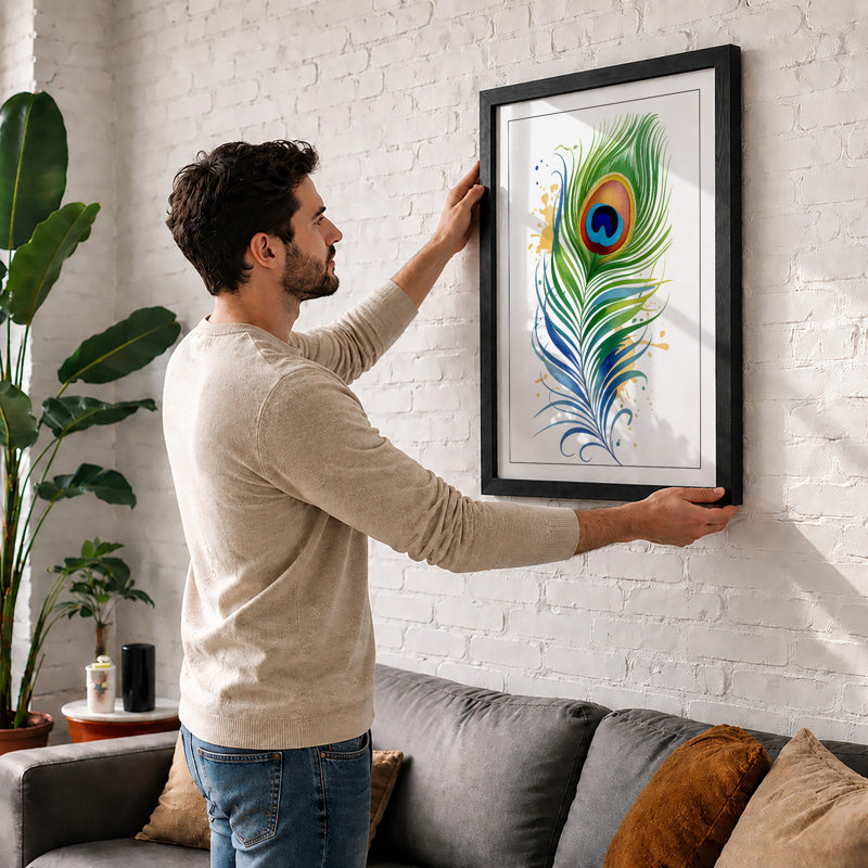 Peacock Feather Dance Botanical - Framed Print, A3 - 42.0 x 29.7 cm, Oak