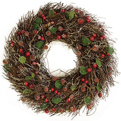 Couronne de Noël artificielle givrée avec feuilles et baies - non éclairée