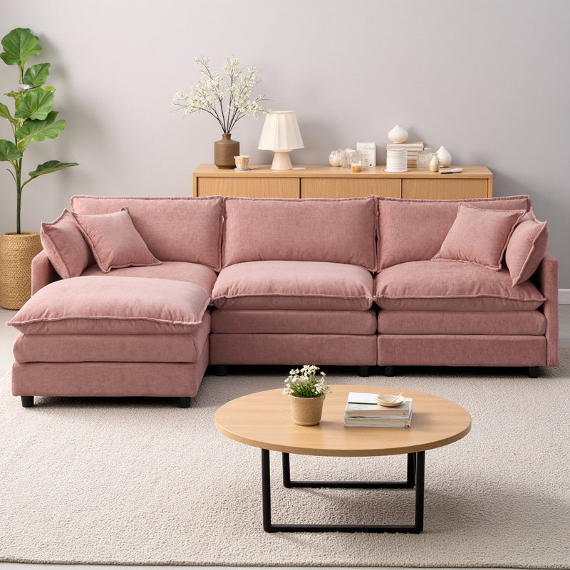 105" Modular L-Shaped Sectional Sofa Upholstered Soft Chenille Fabric 3-Seater Couch with Ottoman and Pocket Spring Cushions for Living Room