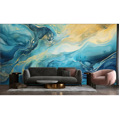 Blue Gold Alcohol Ink Abstract Wall Mural, Ocean Wave Marble Fluid Art Wallpaper for Home Decor