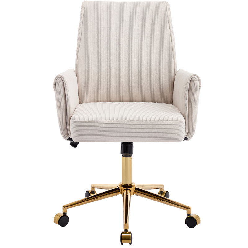 Mid-Back Liftable Office Chair With White Corduroy Striped, Ergonomic And A Dazzling Golden Basis Striped Corduroy, Stable Seat Base