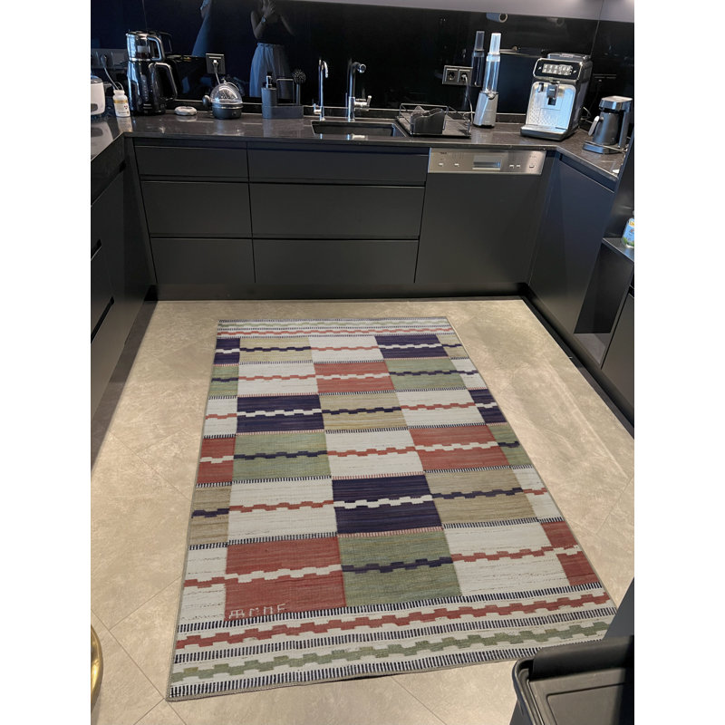 Multi-Colored Square Section Wave Stripe Patterned Creative Modern Decorative Rug, Rectangle 4'7" x 6'7"