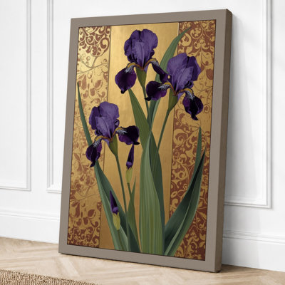 Irises Against Damask Botanical - Wrapped Canvas