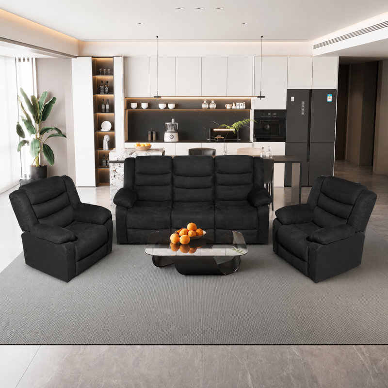 Ensemble de salon inclinable manuel en microfibre 3 pièces, Black