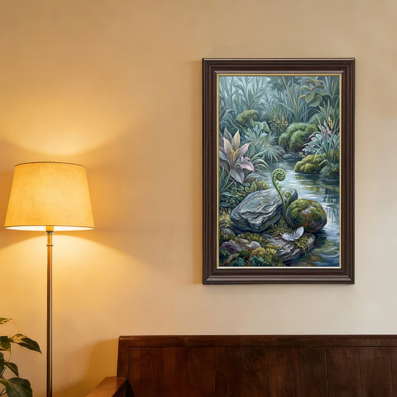 Art mural sur toile Curling Green Fern And Mossy Rocks By Stream, 24"H x 16"W