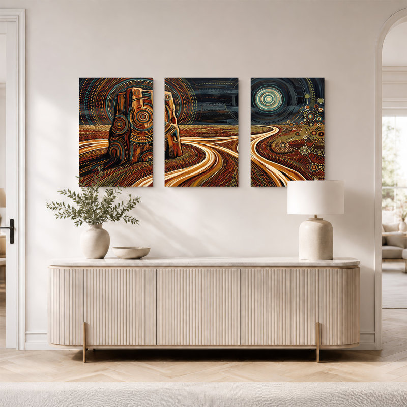 «Red Rock Formation with Winding Paths in Dot», ensemble de 3 peintures sur toile, H 18 po x l 12 po x 3 pièces