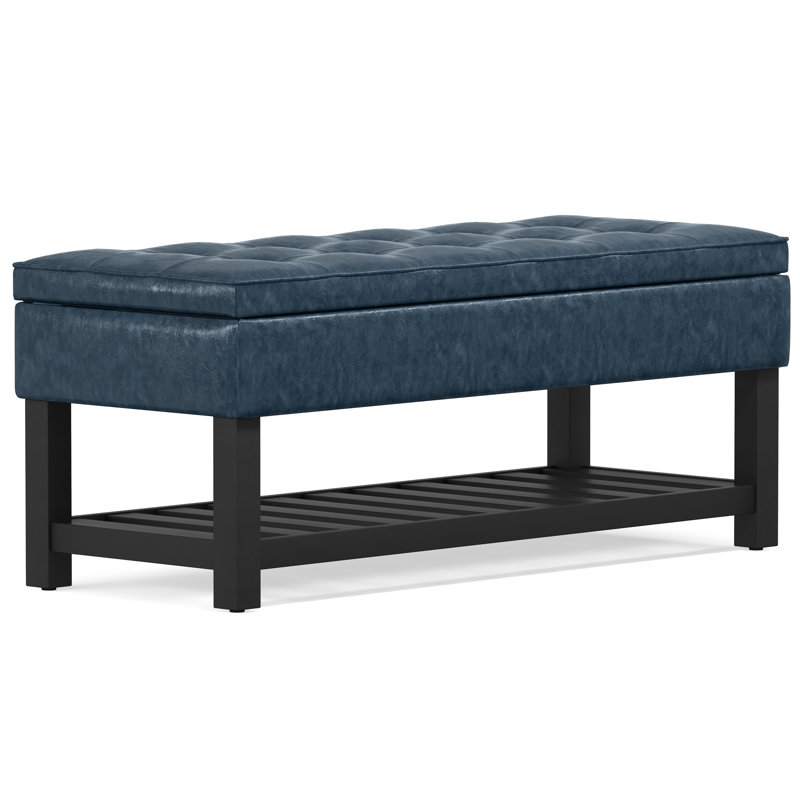 Cosmopolitan 44"W Vegan Leather Transitional Storage Ottoman Bench with Tufted Lift-Top and Open Shelf, Denim Blue