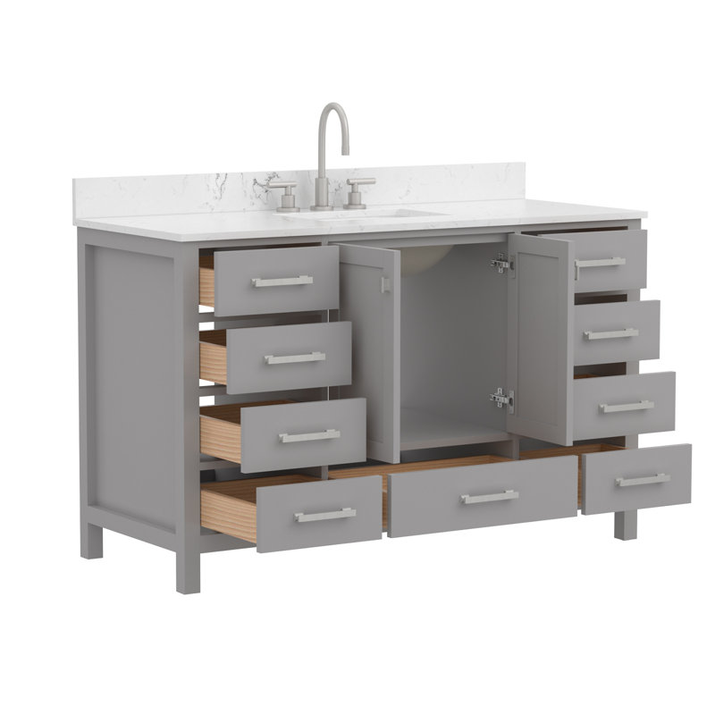 54" Solid Wood Freestanding Bathroom Vanity With Engineered Stone Top, Gray, Brushed Nickel