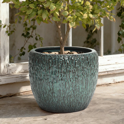 Pot de fleurs en céramique vert antique de 14 po de diamètre avec surface texturée, pots de fleurs ronds pour plantes