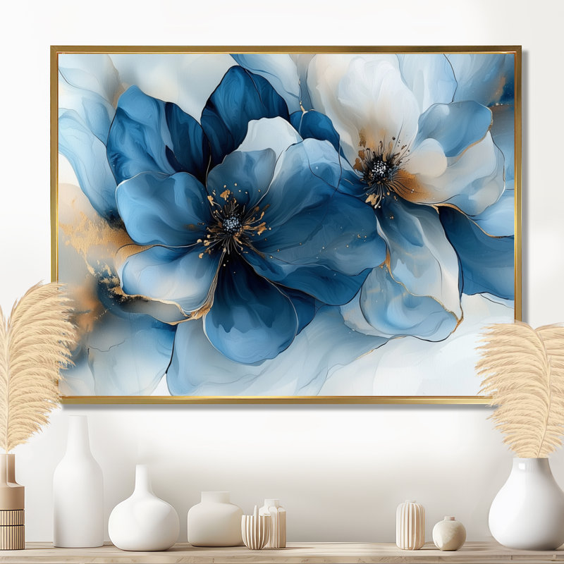 Velours blanc, bleu, chrysanthèmes, rivière à encre I - art mural Apple Blossom, H 30 po x l 40 po, Cadre flottant, Doré