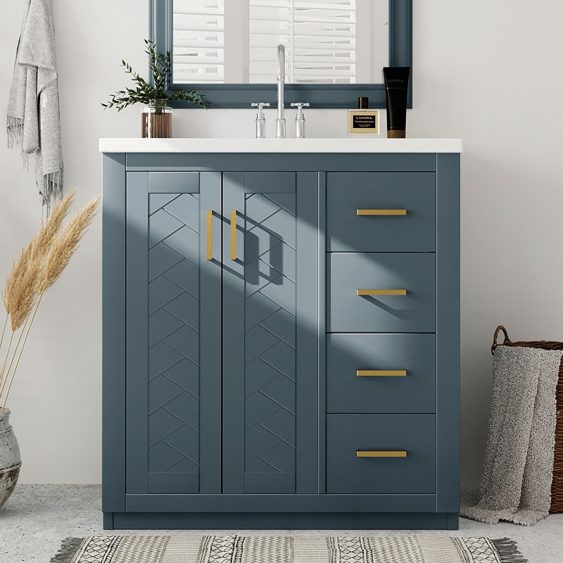 Meuble-lavabo de style rétro 30 po avec lavabo en céramique, cadre en bois massif, rangement spacieux et portes à fermeture en douceur